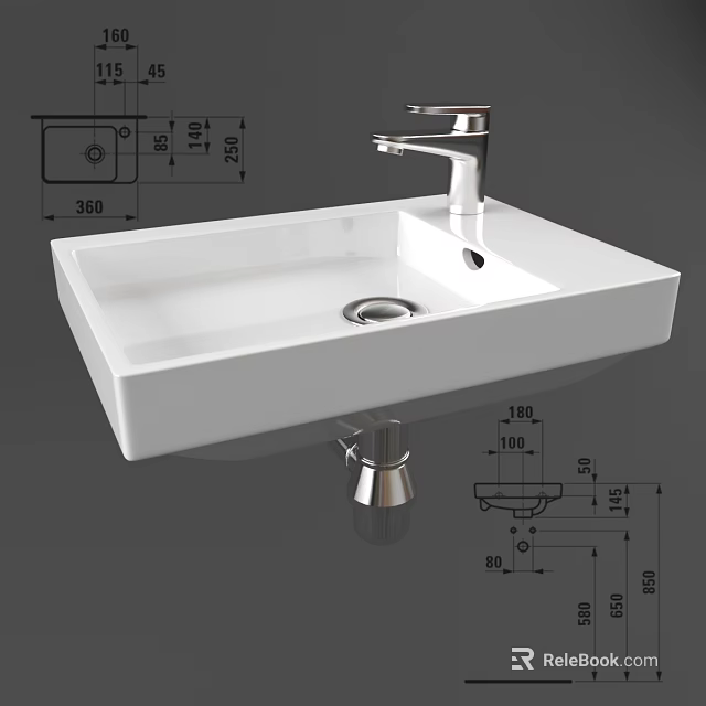 White Ceramic Countertop Washbasin With Chrome Faucet And Dimension Details 3d model 