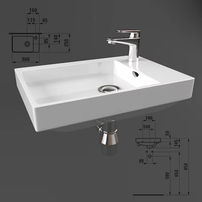 White Ceramic Countertop Washbasin With Chrome Faucet And Dimension Details 3d model