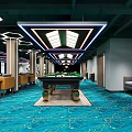 Modern Billiard Room With Green Pool Table Ceiling Lighting And Blue Carpet 3d model