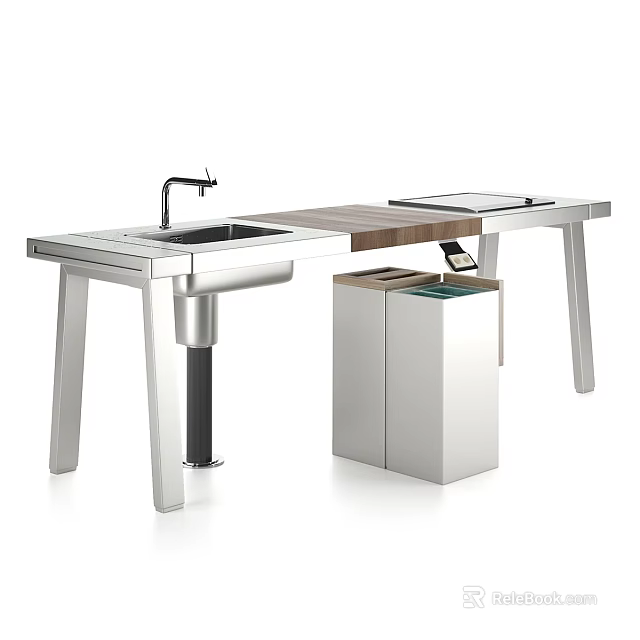 Sleek Modern Bar Counter Featuring Stainless Steel Sink Faucet Wooden Top And Trash Bin 3d model 