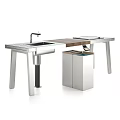 Sleek Modern Bar Counter Featuring Stainless Steel Sink Faucet Wooden Top And Trash Bin