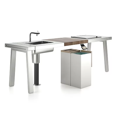 Sleek Modern Bar Counter Featuring Stainless Steel Sink Faucet Wooden Top And Trash Bin 3d model