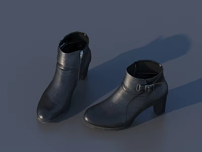 Stylish Black Leather Ankle Boots with Side Zipper Buckle Strap and Block Heel 3d model