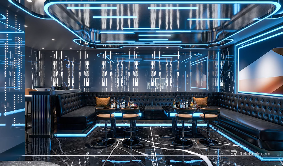 Modern Hi Tech KTV Interior With Neon Lights And Seating 3d model