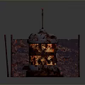 Rusted Industrial Equipment With Glowing Interior Metal Enclosure And Red Top Rod