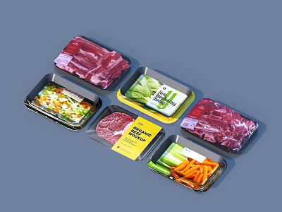 Fresh Assorted Food In Black Trays With Meat Vegetables And Labels 3d model