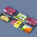 Fresh Assorted Food In Black Trays With Meat Vegetables And Labels