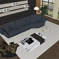 Modern Living Room Interior With Dark Blue L Shaped Sofa Patterned Chair And Marble Coffee Table