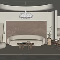 Neutral Living Room Interior With Curved Sofa Rocking Chair And Beige Wall Art