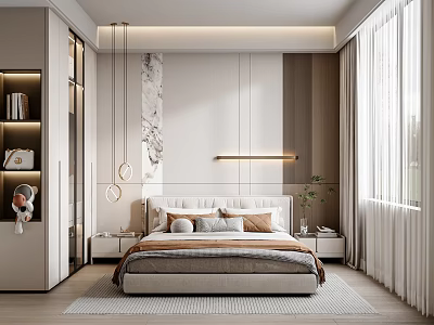 Modern Elegant Bedroom Interior Design With Marble Accents Bedhead Nightstands And Pendant Lights 3d model
