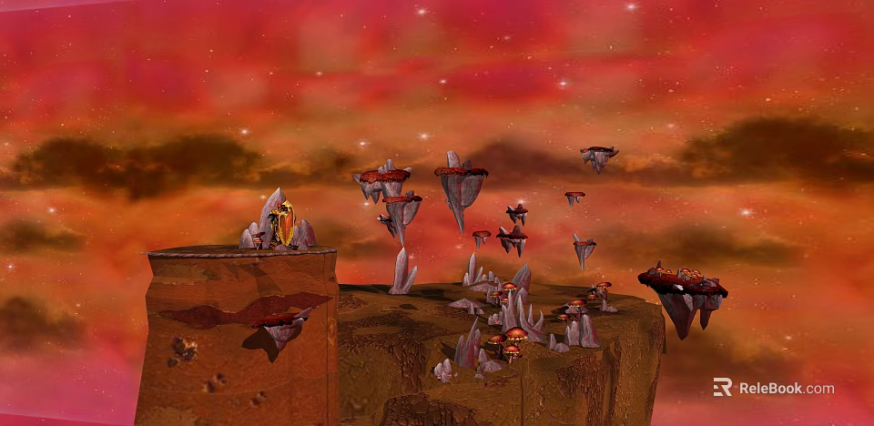 Red Sky Scene With Floating Rocks Cliffs Mushroom Shaped Structures And Small Flying Objects 3d model 