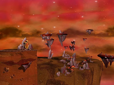 Red Sky Scene With Floating Rocks Cliffs Mushroom Shaped Structures And Small Flying Objects 3d model