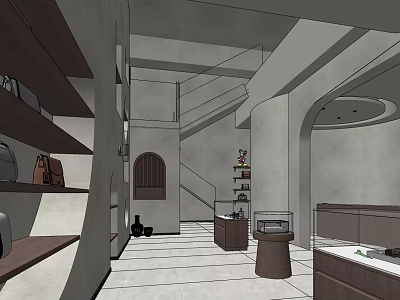 Elegant Boutique Store Interior With Wooden Shelves Staircase And Display Cases 3d model