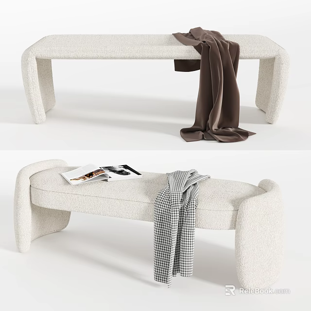 Modern White Ottoman Bench With Cozy Brown Gray Plaid Throws And Decorative Magazines 3d model 