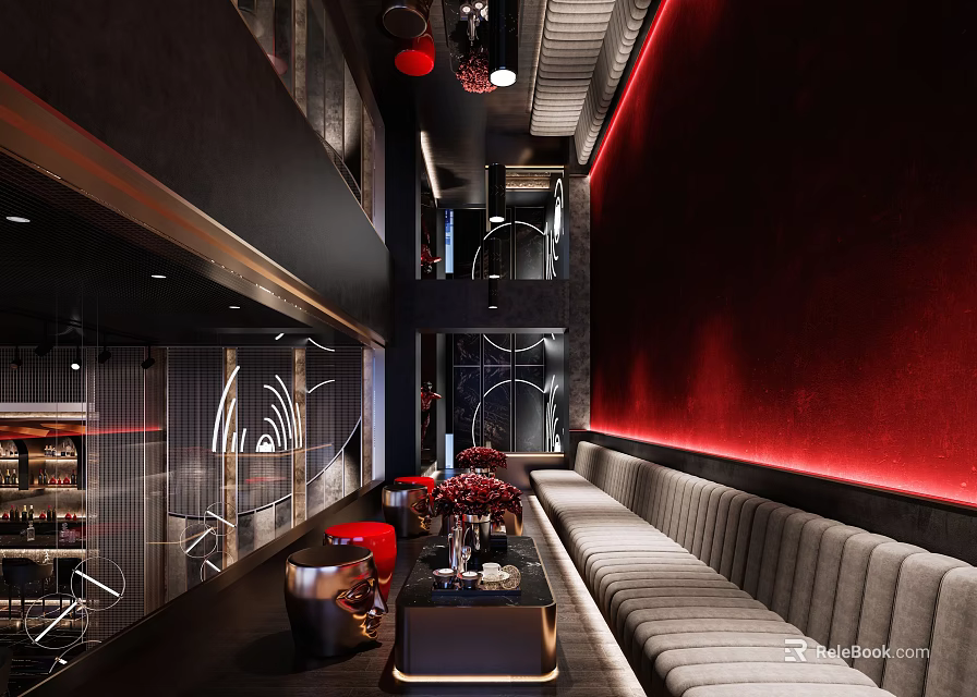 Modern Bar Interior With Red Lighting Gray Sofa And Decor 3d model 