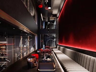Modern Bar Interior With Red Lighting Gray Sofa And Decor 3d model