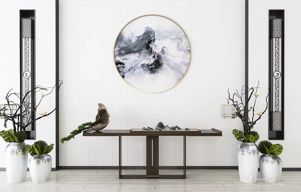 Chinese Style Console Table with Circular Landscape Painting and Potted Plants Decor 3d model 