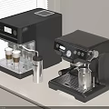 Modern Kitchen Coffee Machines Automatic and Semi Automatic on Countertop with Cups and Milk Frother