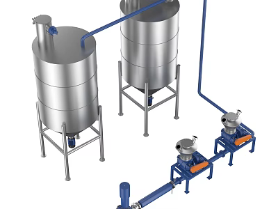 Industrial Stainless Steel Storage Tanks With Connecting Pipes And Pumps System 3d model