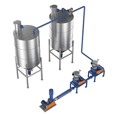 Industrial Stainless Steel Storage Tanks With Connecting Pipes And Pumps System 3d model