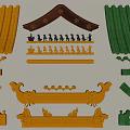 Traditional Architectural Components With Yellow Green Curved Tiles Carved Beams And Animal Ornaments