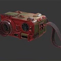 Professional Commercial Camera Equipment In Red And Yellow With Large Lens Adjustable Strap And Controls