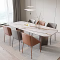 Modern Dining Table Set With Marble Top Brown Grey Chairs Hanging Lights And Window View 3d model