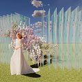 Woman In White Dress On Green Grass With Transparent Blue Screens Purple White Flowers