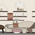 Curved Beige Sofa with Round Coffee Table Set Arched Shelves Decorative Items and Pendant Light