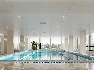 Indoor Swimming Pool With Lap Lanes Marble Flooring Large Windows Potted Plants And Recessed Lights 3d model