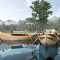 Wooden Boats On Calm Water With Reflections And Natural Scenery