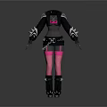 Black Leather Outfit With Pink Mesh Stockings Spiked Shoulders And Belted Waist Design