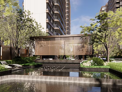 Modern High Rise Residential Community Landscape With Wooden Pavilion Water Pond And Greenery 3d model