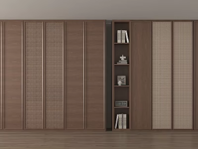 Wooden Wardrobe With Lattice Panel Doors Built in Open Shelves For Books And Decorative Items 3d model