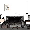Modern Minimalist Kids Bed With Colorful Cushions Stuffed Toys And Cartoon Wall Art