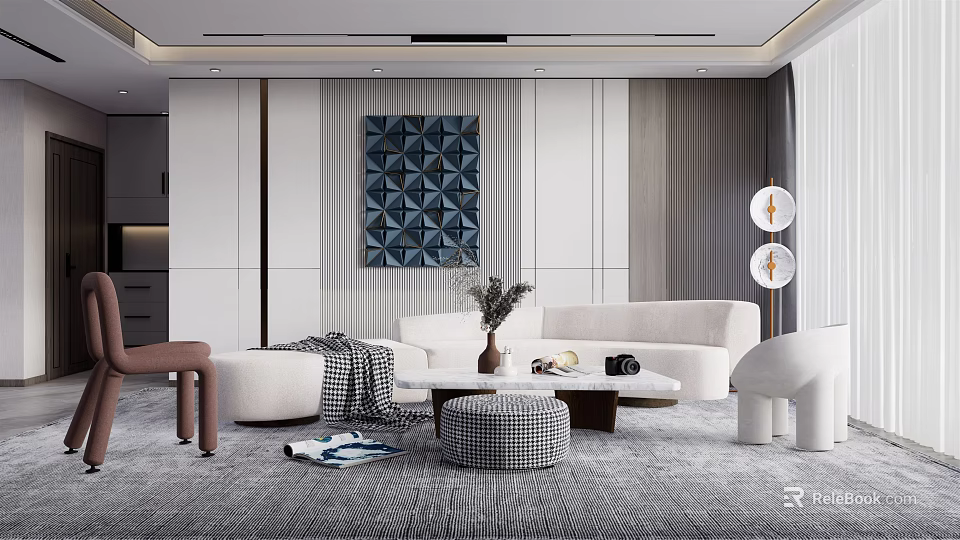 Modern Living Room Interior Design With White Sofa Wall Art Coffee Table And Decorative Rug 3d model 