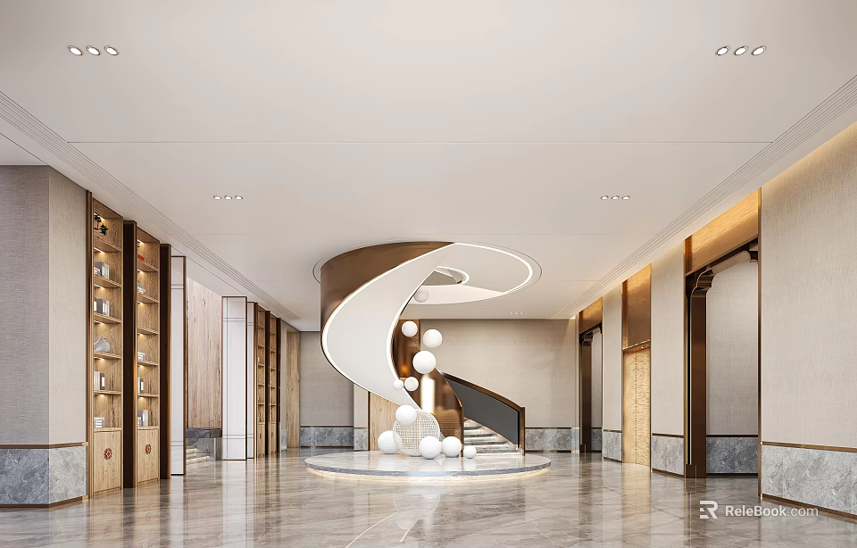 Modern Hotel Lobby Interior Design With Spiral Staircase Round Chandelier Marble Floor And Wooden Bookshelves 3d model 