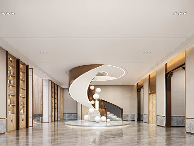 Modern Hotel Lobby Interior Design With Spiral Staircase Round Chandelier Marble Floor And Wooden Bookshelves 3d model
