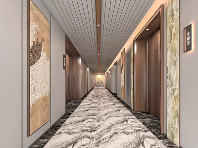 Hotel Corridor with Long Design Ceiling Strip Lighting Decorative Paintings and Marble Patterned Carpet 3d model