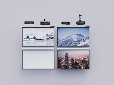 Projection Monitoring Setup With Dual Screens And Cameras Displaying Mountain And City Views 3d model