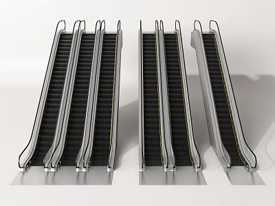 Three Modern Commercial Escalators With Black Steps And Silver Metal Handrails Design 3d model