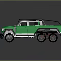 Green Six Wheel Pickup Truck With Off Road Style Black Roof Rack And Large Tires