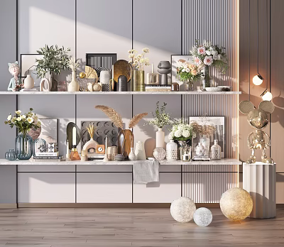 Modern Decorative Ornament Combination With Vases Greenery Photo Frames And Sculptures On Shelves 3d model