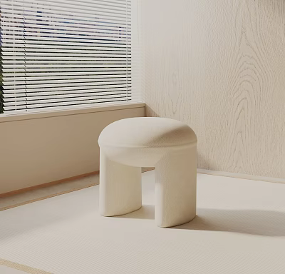 Beige Upholstered Side Table With Round Top In Modern Room Wooden Wall And Blinds 3d model
