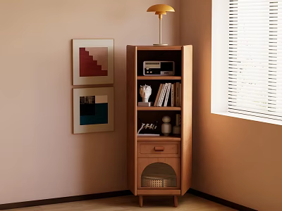 Wooden Decorative Cabinet in Interior Corner with Lamp Books Radio Wall Art and Blinds 3d model