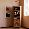 Wooden Decorative Cabinet in Interior Corner with Lamp Books Radio Wall Art and Blinds