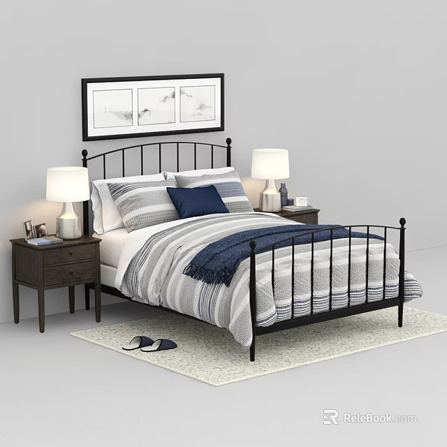 Double Bed With Black Metal Headboard Striped Quilt Pillows Nightstands Table Lamps Wall Art Rug 3d model 