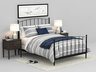 Double Bed With Black Metal Headboard Striped Quilt Pillows Nightstands Table Lamps Wall Art Rug 3d model