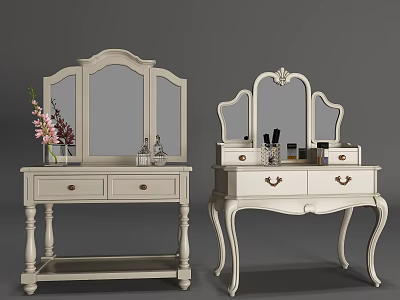 Elegant White Classic Vanity Tables With Carved Mirrors Drawers And Cosmetics 3d model