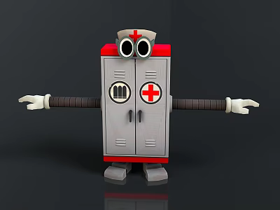 Cartoon First Aid Kit Character With Red Cross Symbol Eyes Gray Red Design And Arms 3d model